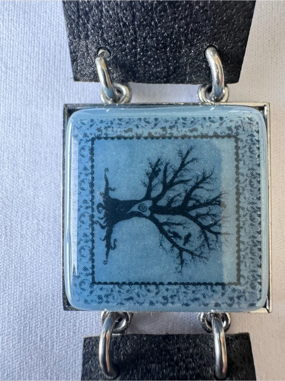 Leather Wristband Bracelet with Blue Tree Tile Accent